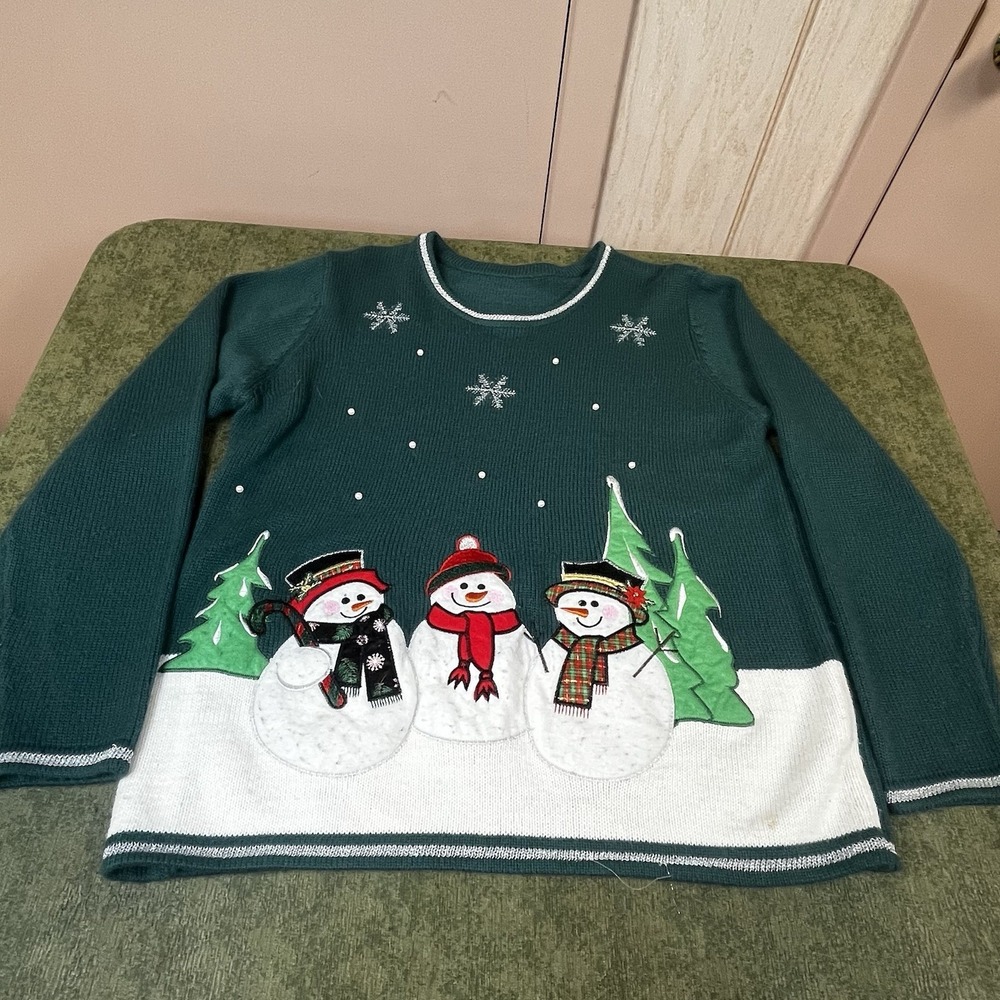 Snowman Winter Christmas Sweater Green Beaded Felt Size Medium Ugly Sweater